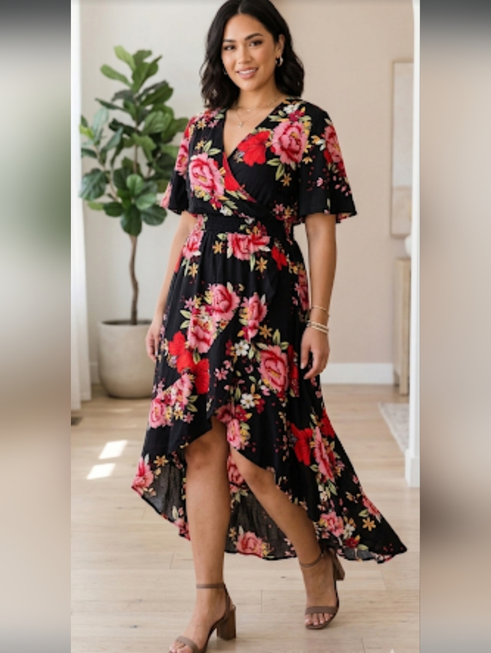 Black High Low Dress Womens 2XL 1X 16 18 Plus Faux Wrap Dress Floral